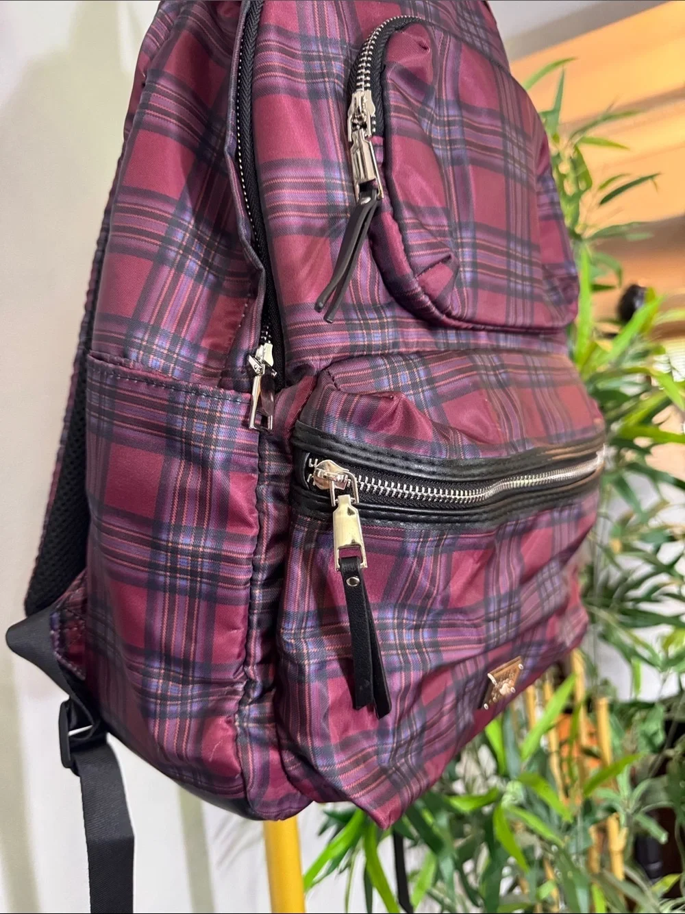 Madden NYC Burgundy Plaid Backpack with Front Zip Pocket shiny silver hardware